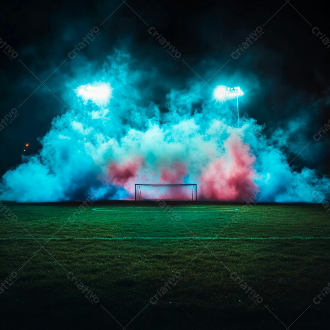 Gol de futebol em campo noturno com fumaça azul e rosa