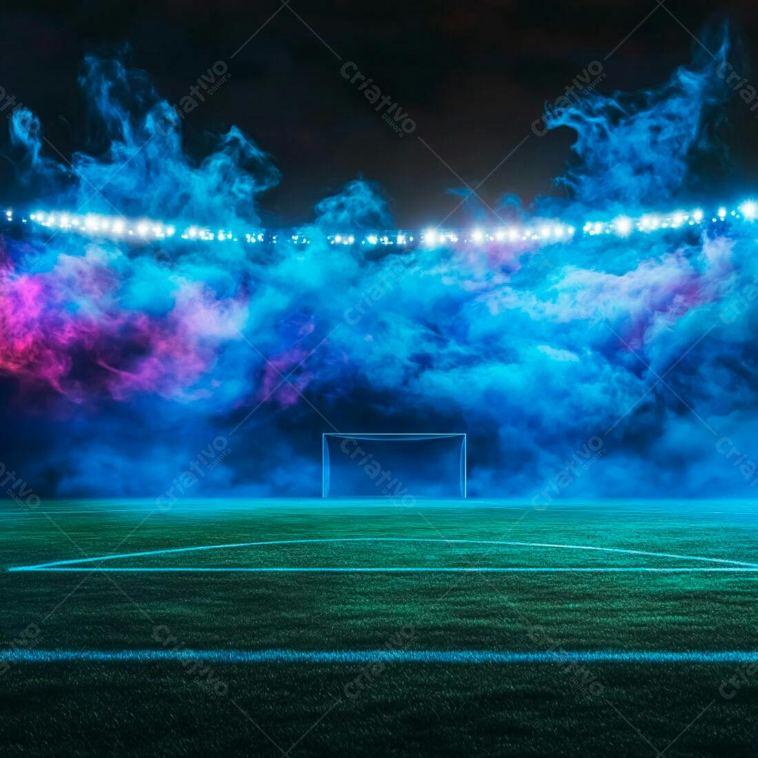 Gol de futebol noturno com fumaça azul e rosa