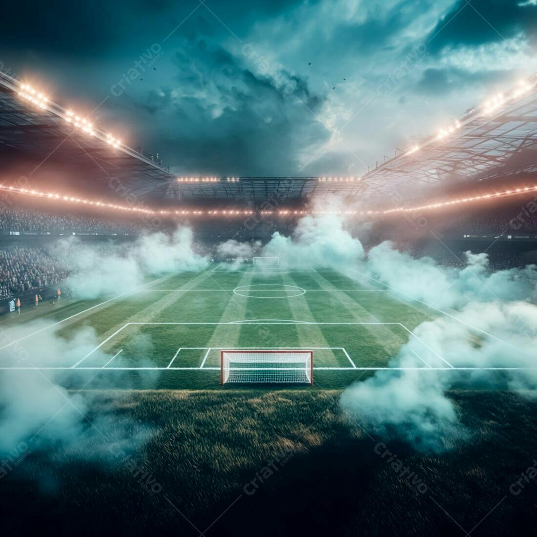 Estádio de futebol com fumaça e luzes noturnas