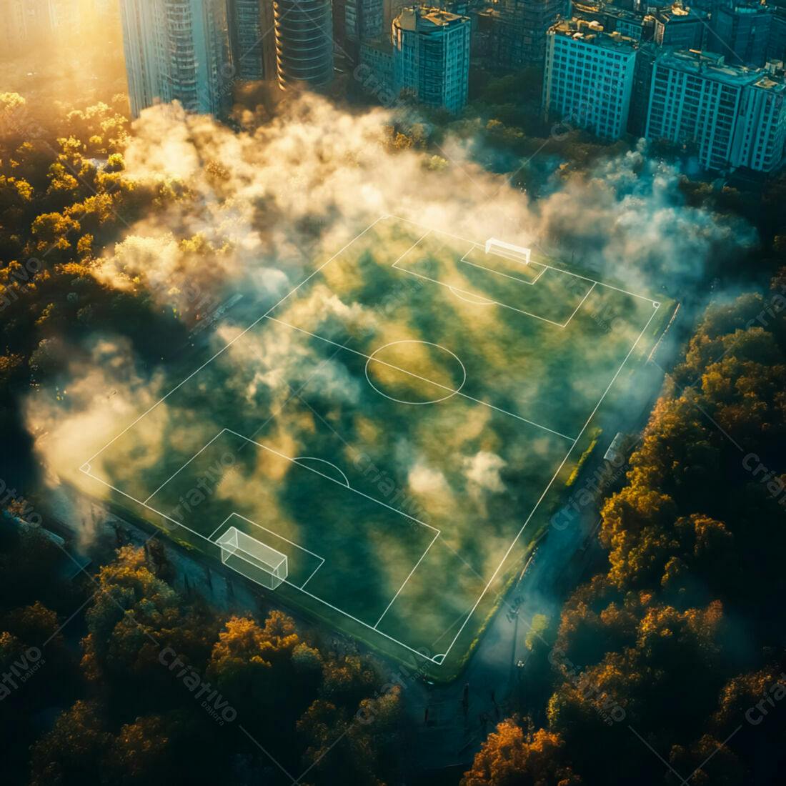 Campo de futebol em neblina matinal