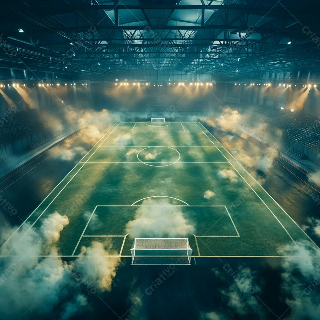 Campo de futebol com neblina em estádio