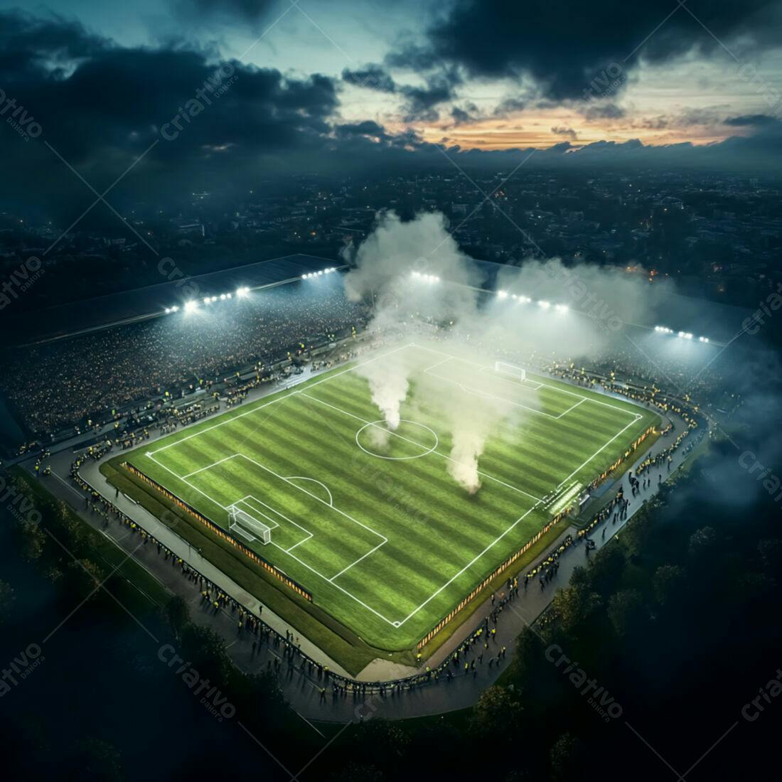 Estádio de futebol noturno com fumaça