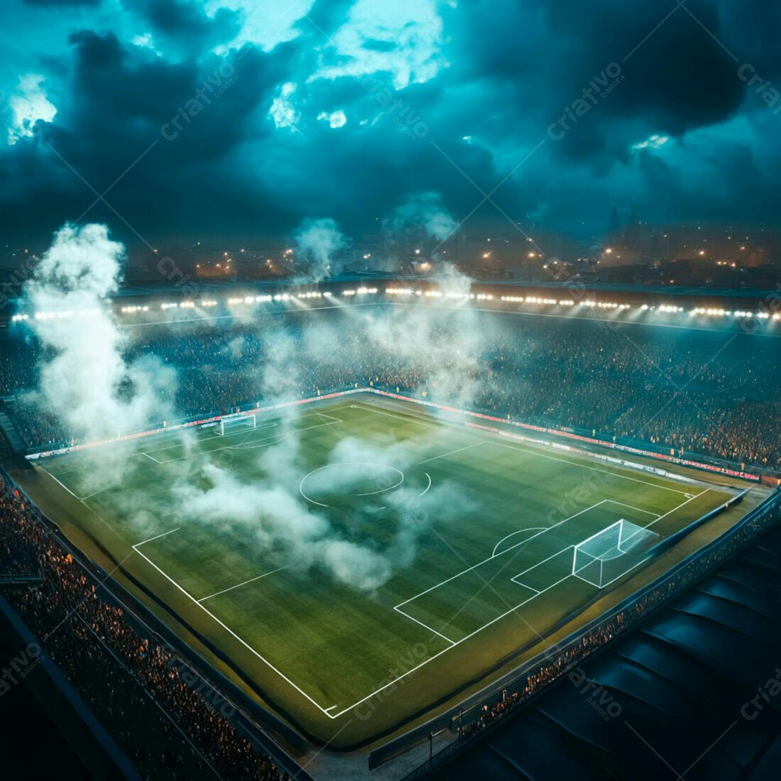 Estádio de futebol noturno com fumaça