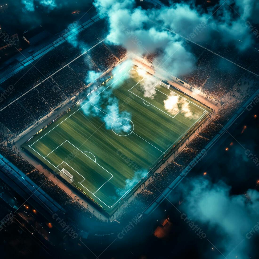 Estádio de futebol noturno com fumaça azul