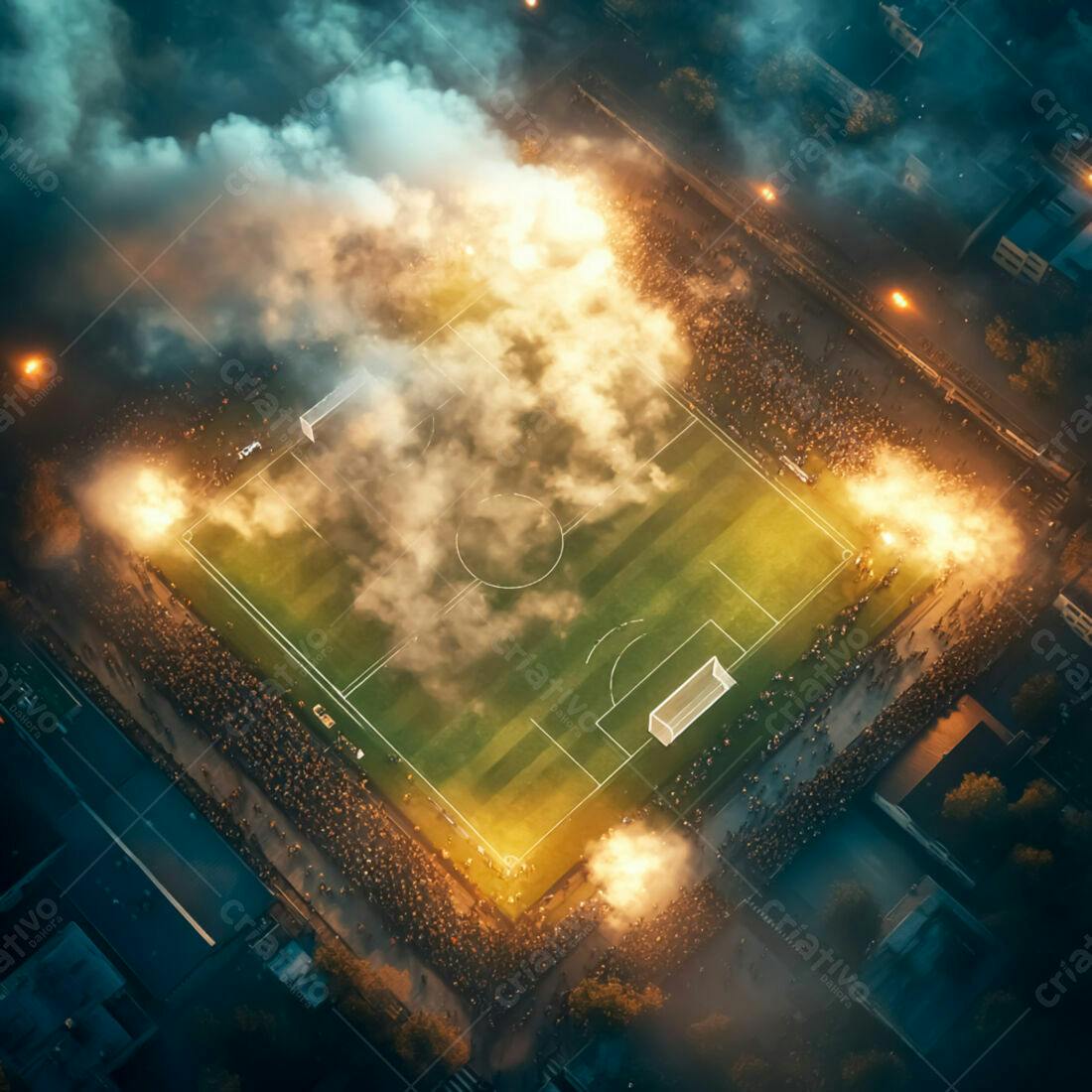 Estádio de futebol noturno com fogos