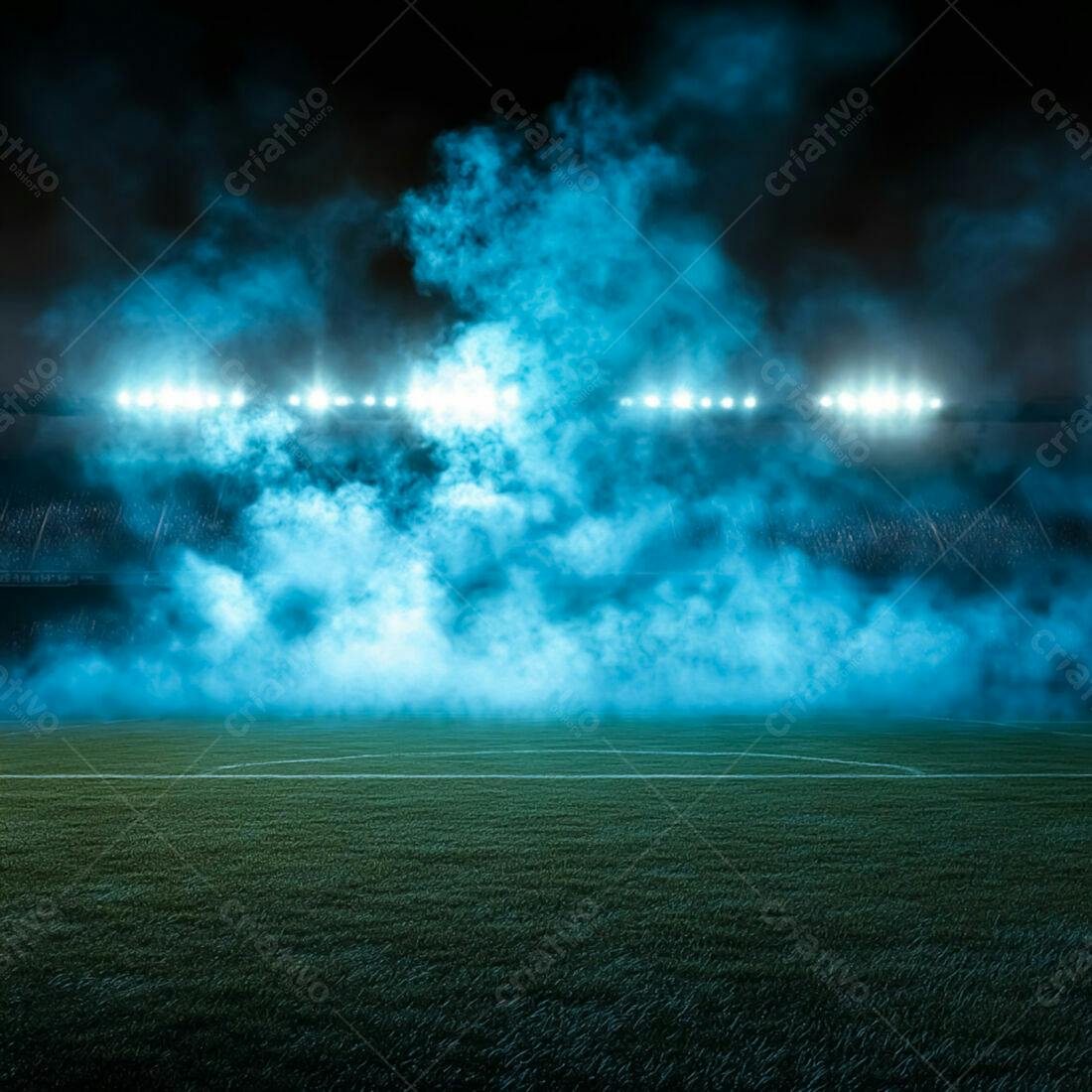 Campo de futebol noturno com fumaça azul