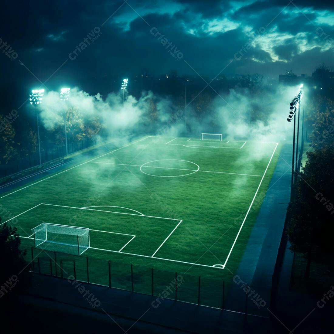 Campo de futebol noturno com neblina