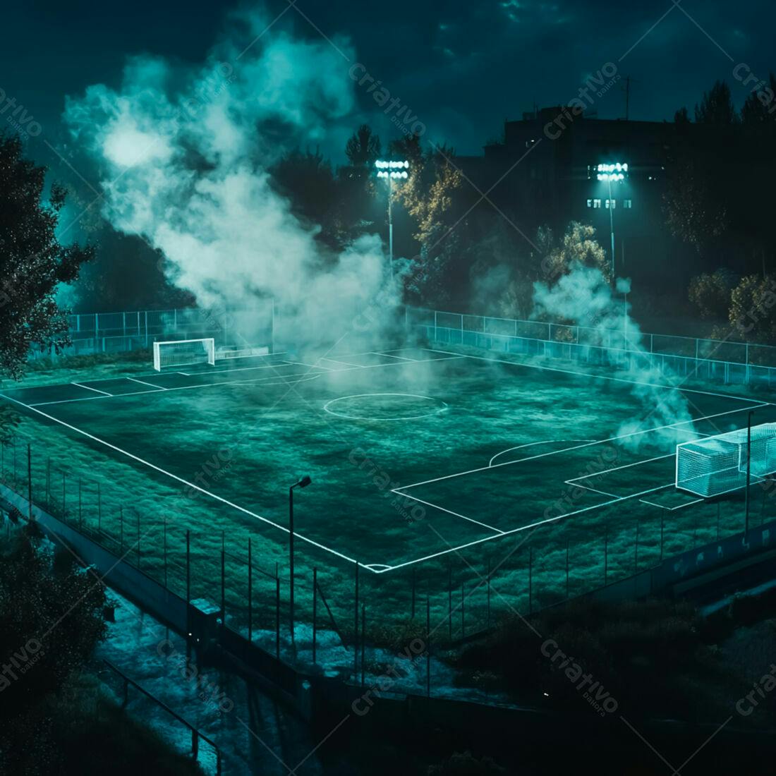 Campo de futebol noturno com névoa