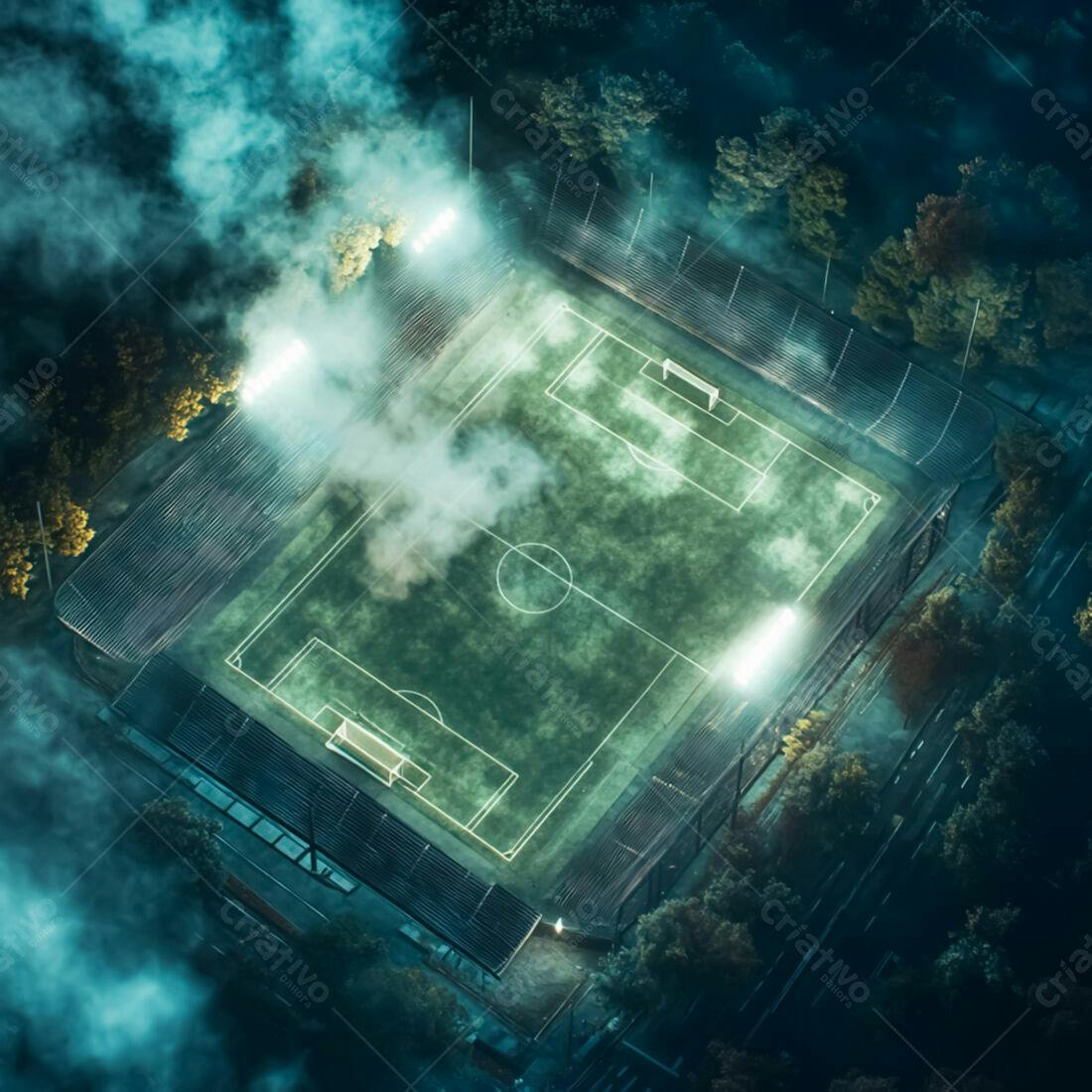 Campo de futebol noturno com neblina