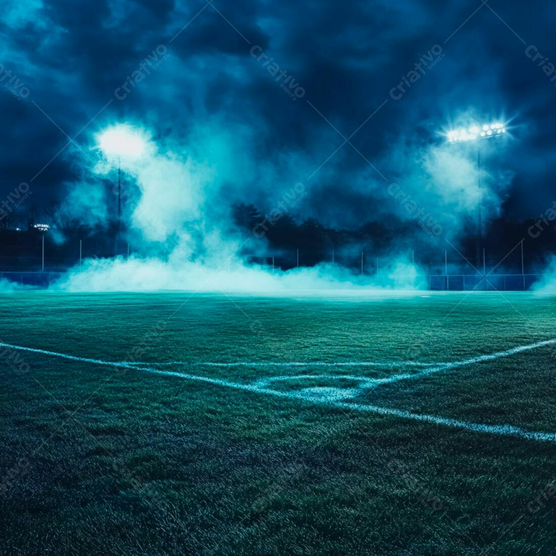 Campo de futebol noturno com fumaça azul