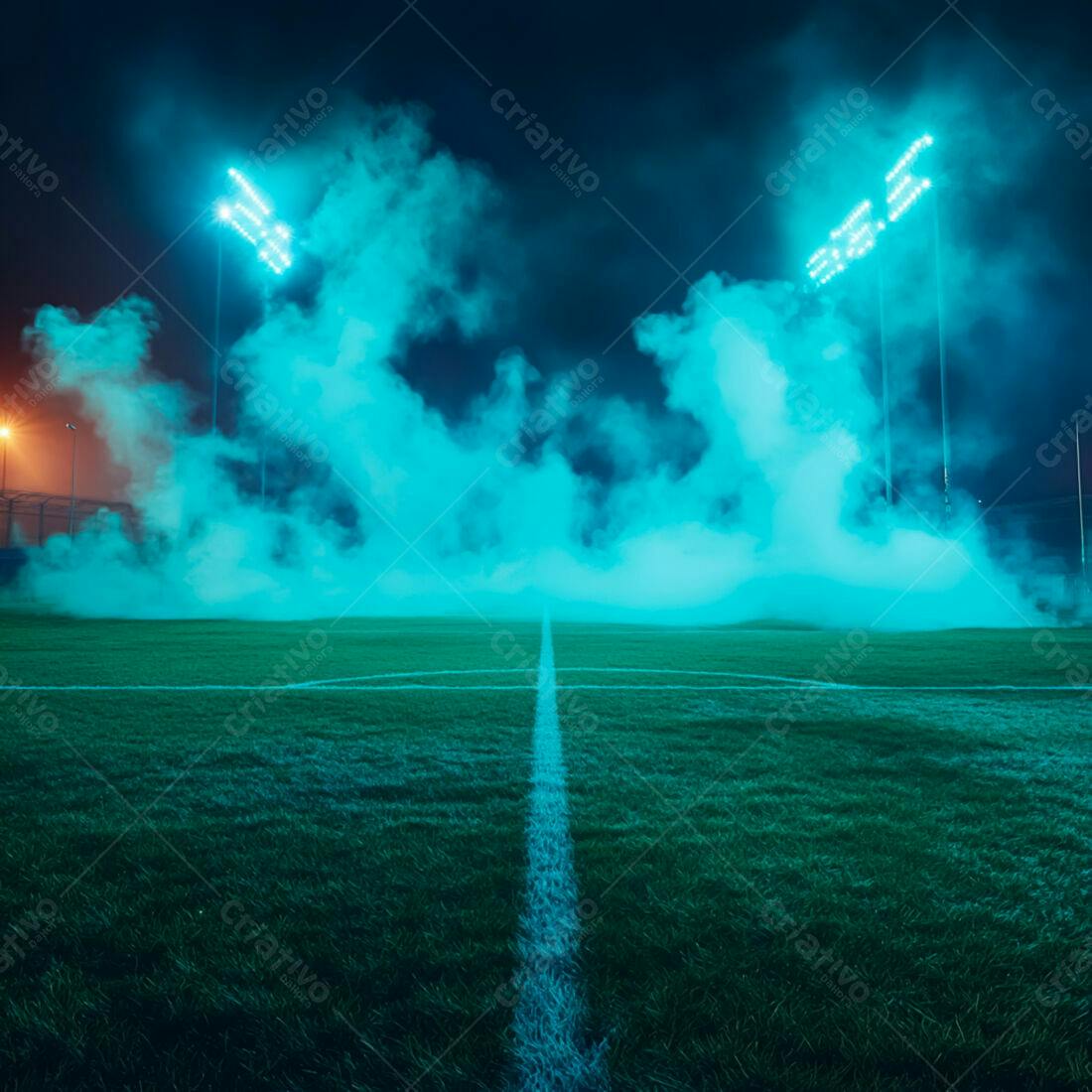 Campo de futebol noturno com fumaça azul