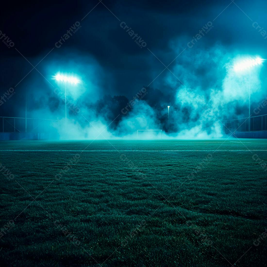Campo de futebol noturno com neblina