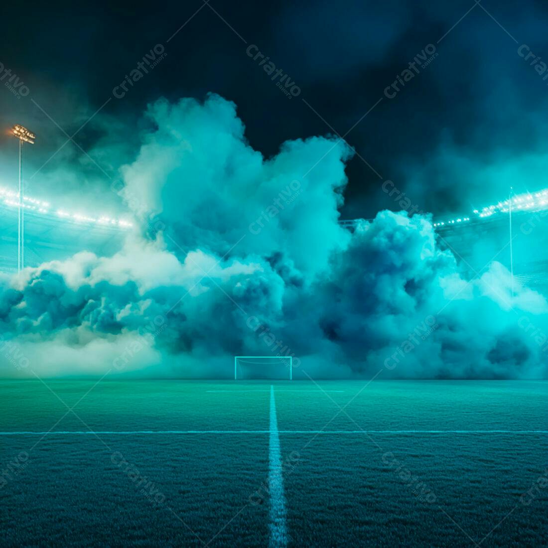 Gol de futebol em campo com fumaça azul