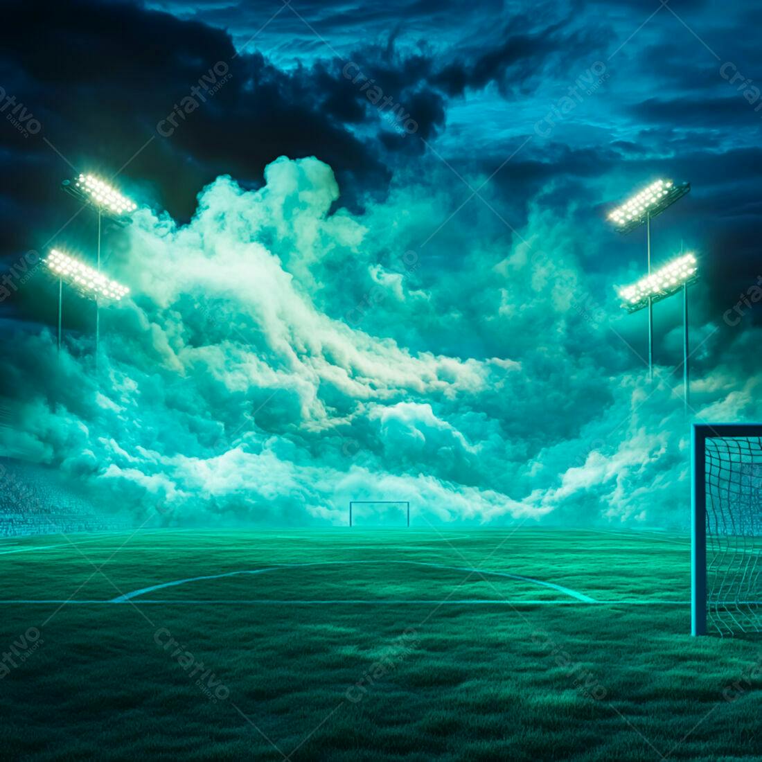 Campo de futebol noturno sob nuvens verdes