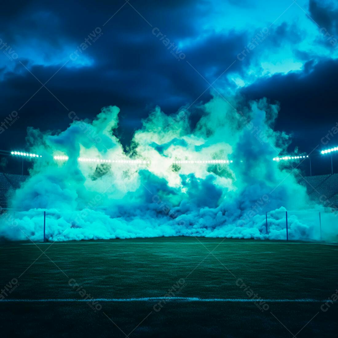 Estádio com fumaça azul noturna