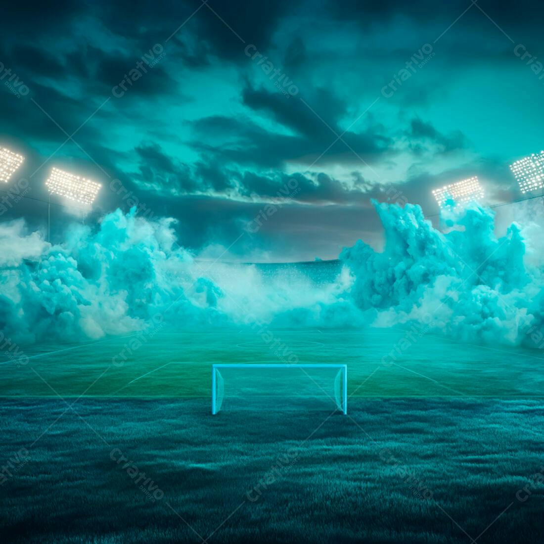 Gol de futebol em campo com fumaça azul noturna
