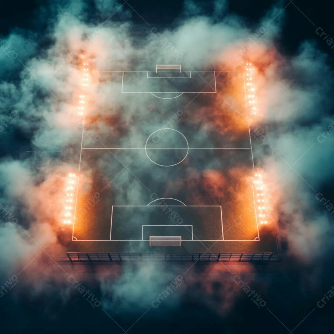 Campo de futebol noturno com fumaça e luzes