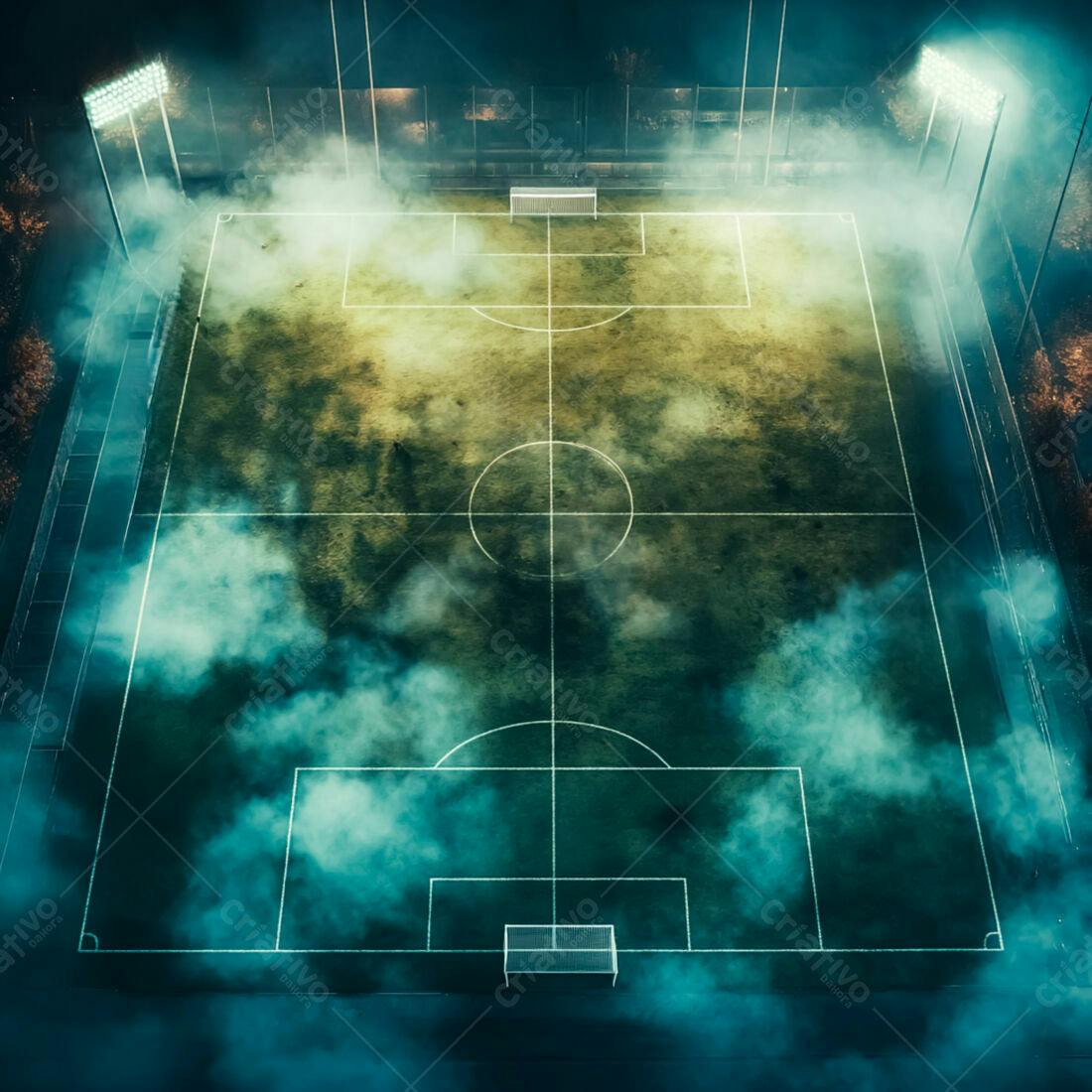 Campo de futebol noturno com névoa