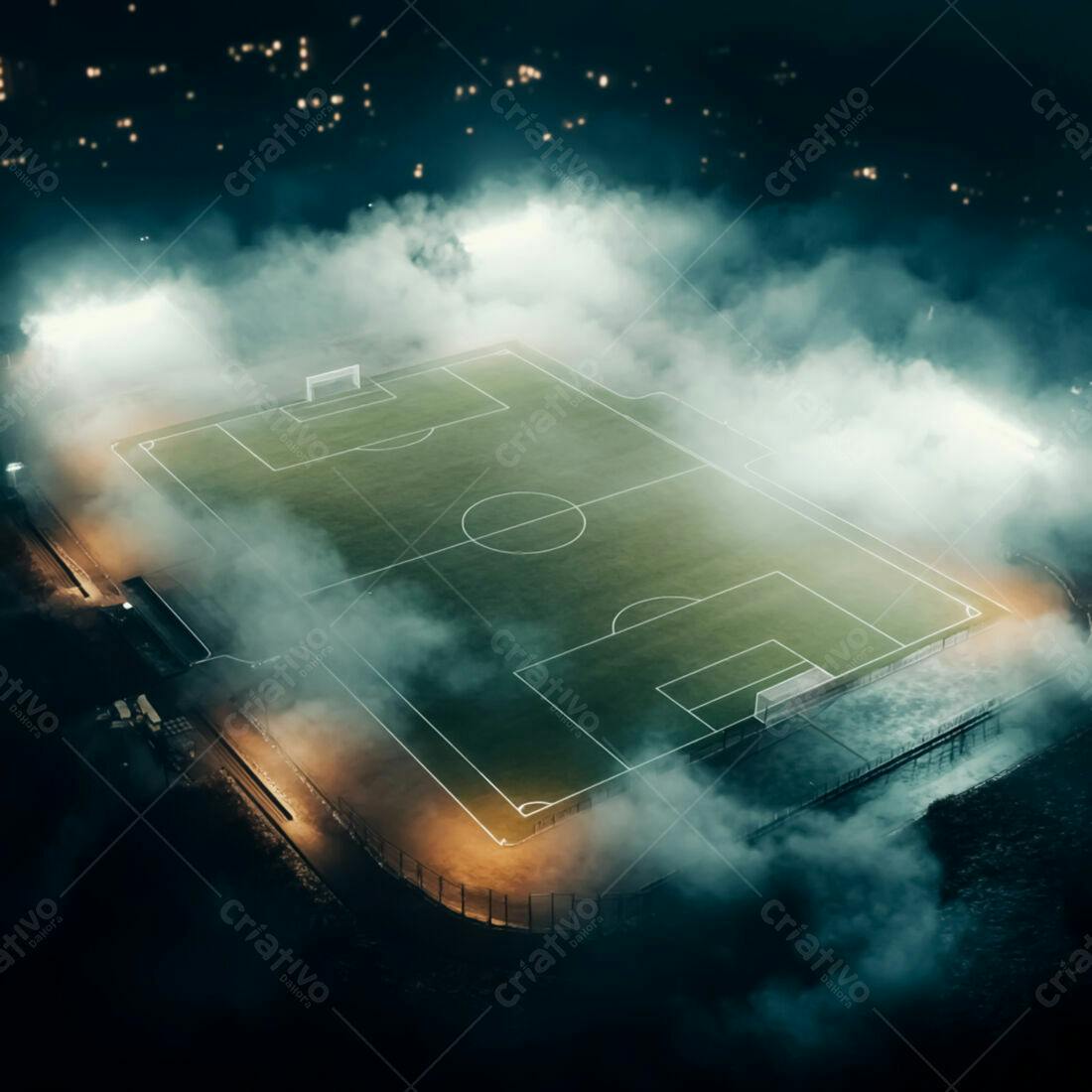 Campo de futebol noturno com neblina