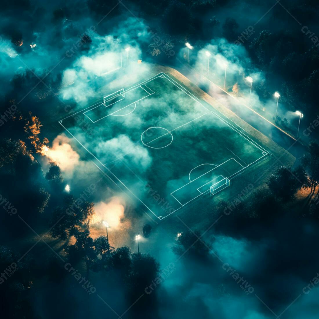 Campo de futebol noturno com fumaça verde
