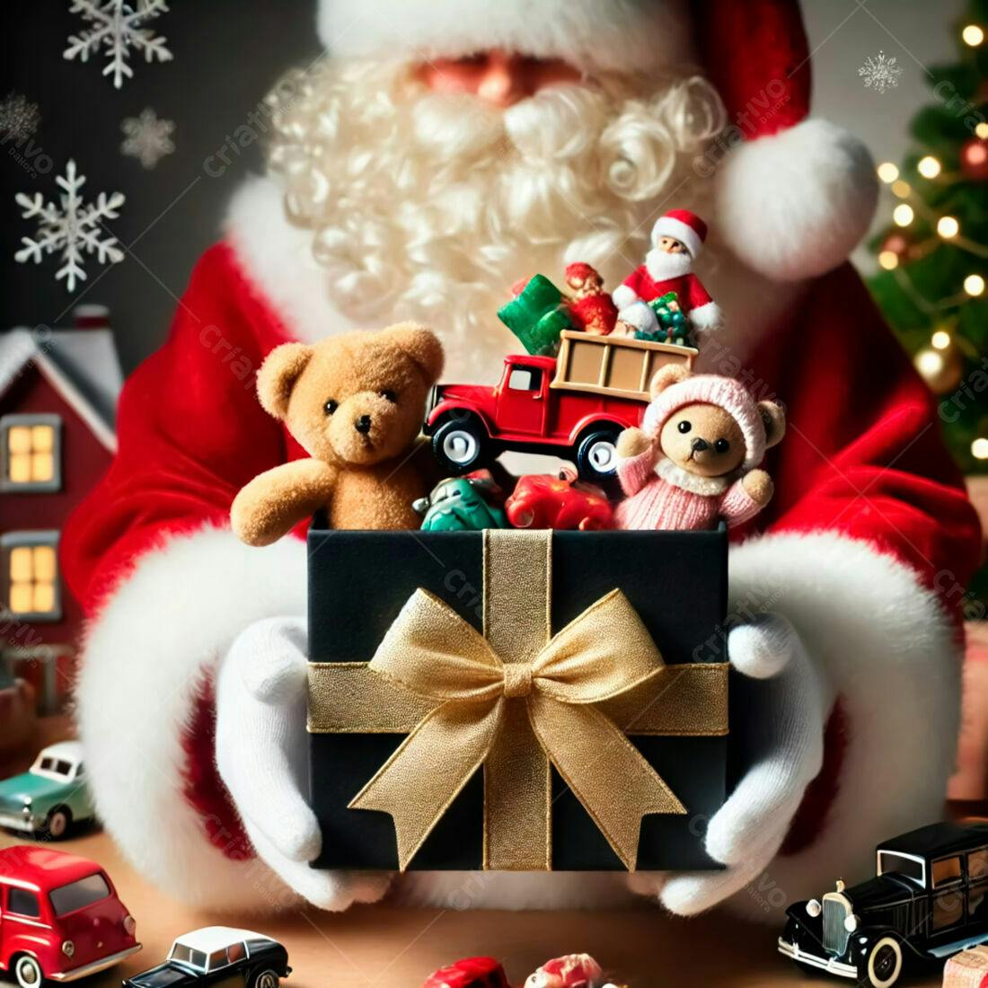 Papai Noel com caixa de brinquedos natalinos