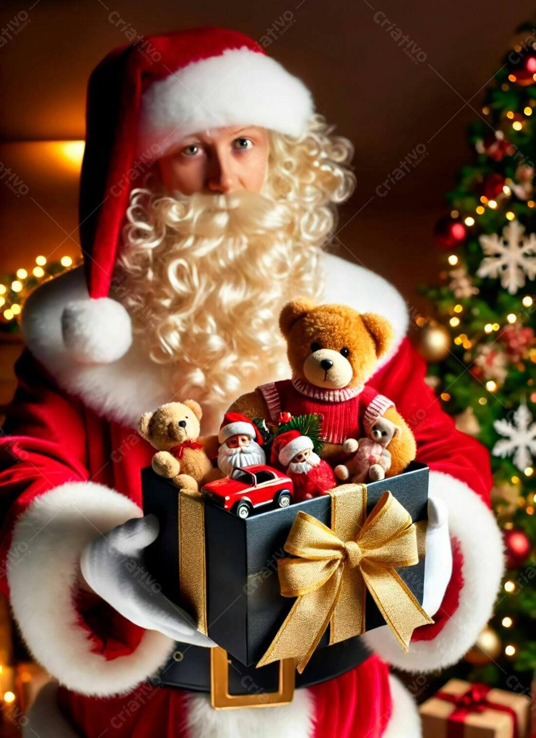 Papai Noel com caixa de brinquedos natalinos