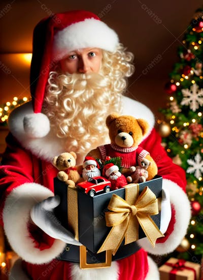 Um Papai Noel Segurando Uma Caixa De Presente