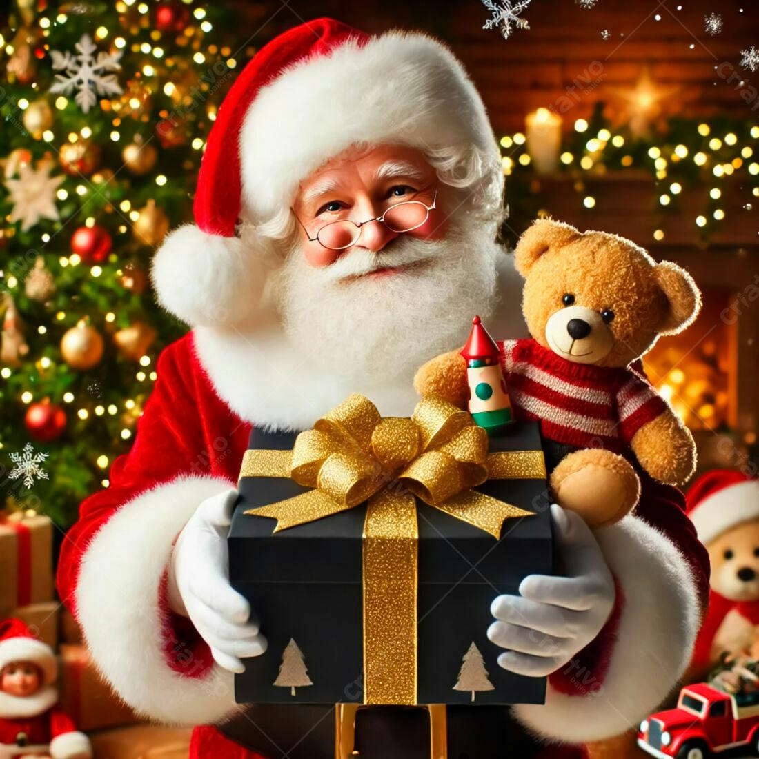 Papai Noel com presente e urso de pelúcia Natal
