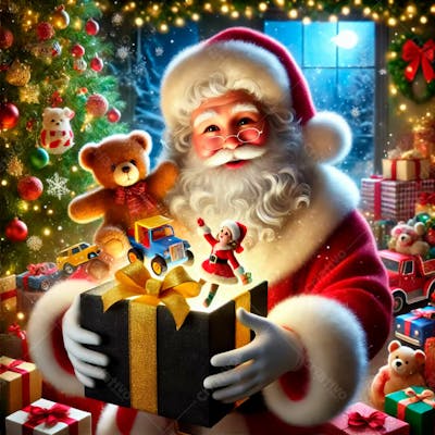 Um Papai Noel Em Estilo Desenho Animado 3D Segurando Uma Caixa De Presente