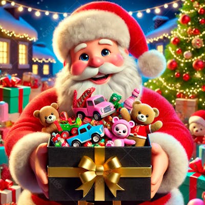 Um Papai Noel Em Estilo Desenho Animado 3D Segurando Uma Caixa De Presente