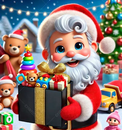 Um Papai Noel Em Estilo Desenho Animado 3D Segurando Uma Caixa De Presente