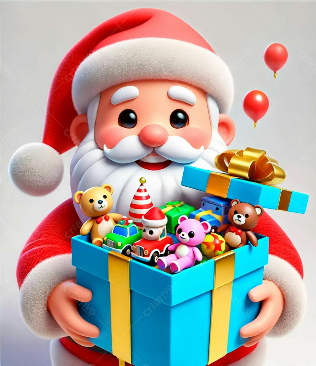 Papai Noel com brinquedos em caixa de presente azul