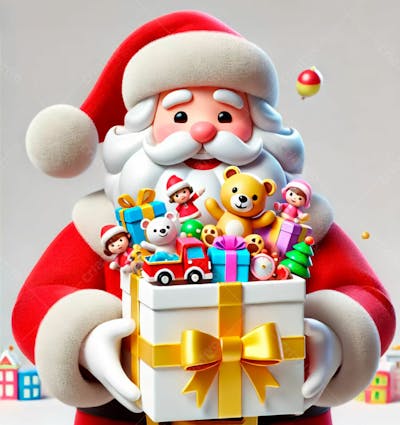 Um Papai Noel Em Estilo Desenho Animado 3D Segurando Uma Caixa De Presente