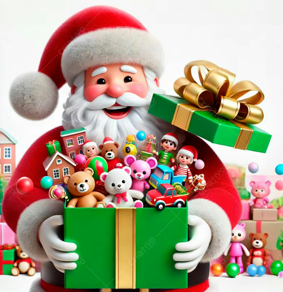 Papai Noel com caixa de brinquedos natalinos