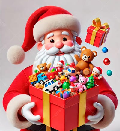 Um Papai Noel Em Estilo Desenho Animado 3D Segurando Uma Caixa De Presente