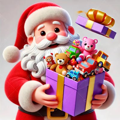 Um Papai Noel Em Estilo Desenho Animado 3D Segurando Uma Caixa De Presente