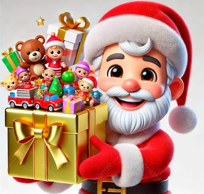 Um Papai Noel Em Estilo Desenho Animado 3D Segurando Uma Caixa De Presente