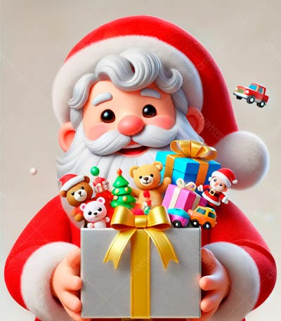 Um Papai Noel Em Estilo Desenho Animado 3D Segurando Uma Caixa De Presente