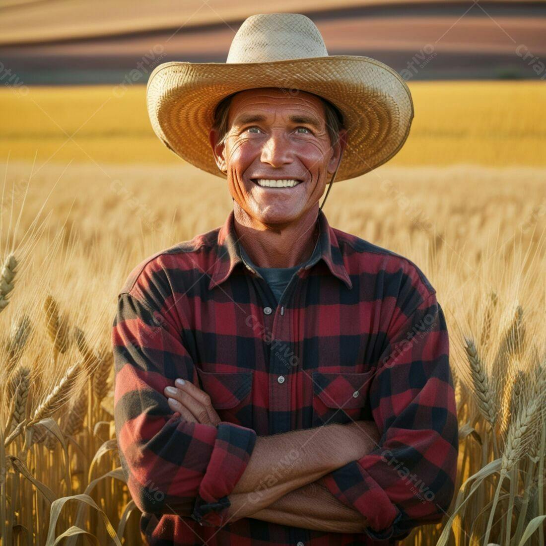 Fazendeiro feliz em campo de trigo ao entardecer