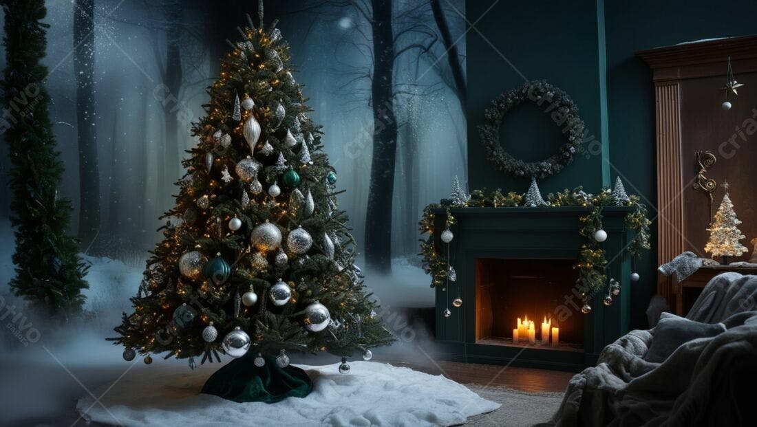 Árvore de Natal Encantada com Decorações Prata e Verde