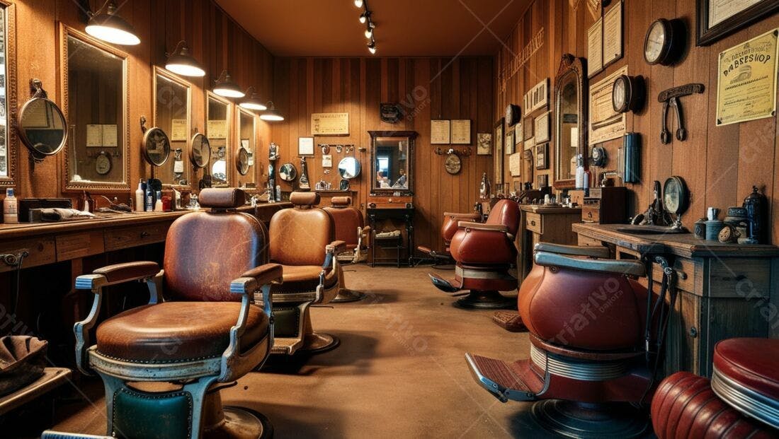 Barbearia vintage com cadeiras de couro marrom
