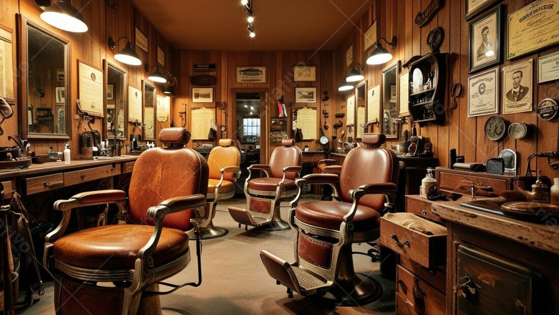 Barbearia vintage com cadeiras de couro marrom