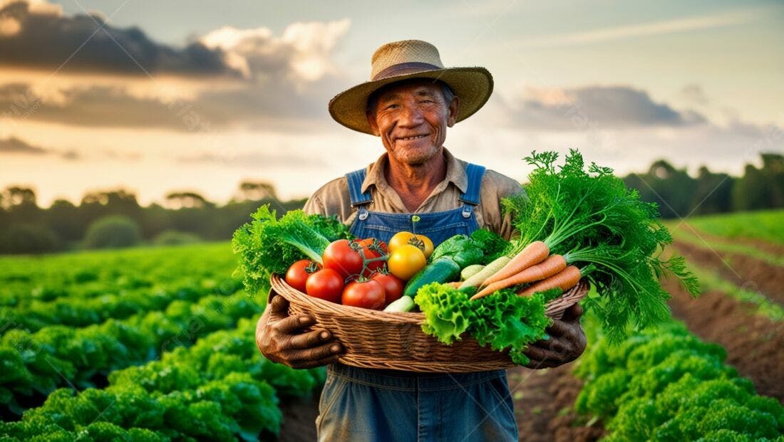 Fazendeiro asiático segurando cesta de legumes no campo