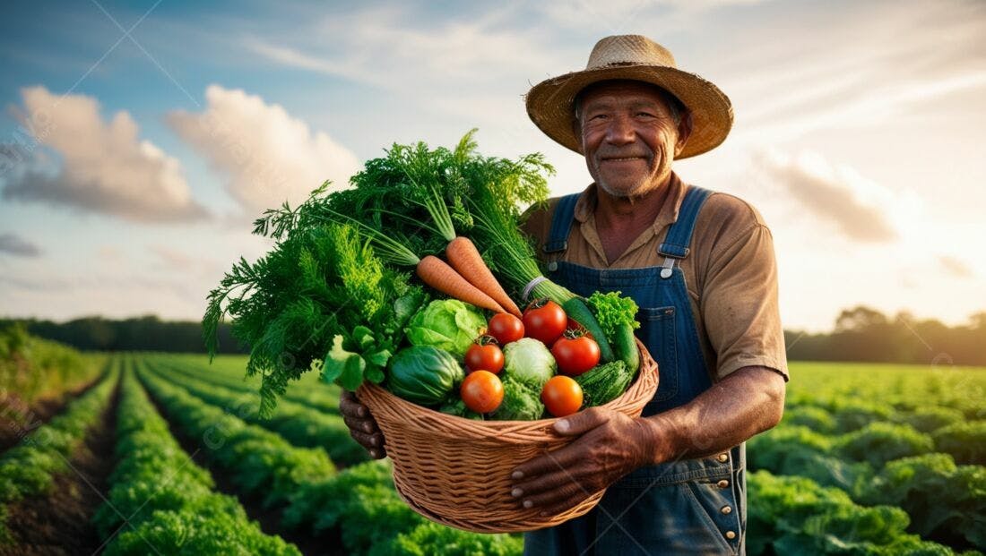 Fazendeiro com cesta de legumes frescos no campo