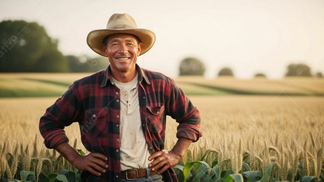 Fazendeiro sorridente em campo de trigo