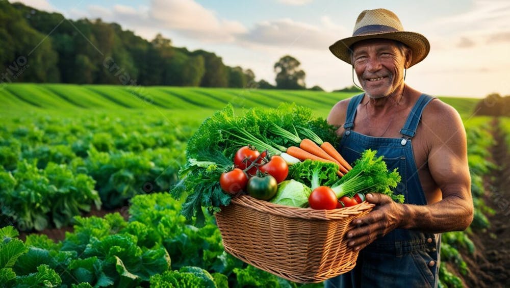 Agricultor Com Uma Cesta De Legumes