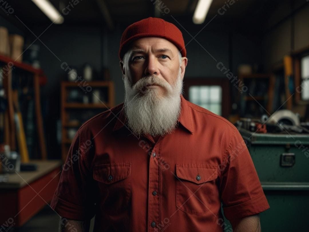 Homem barbudo em oficina vermelha