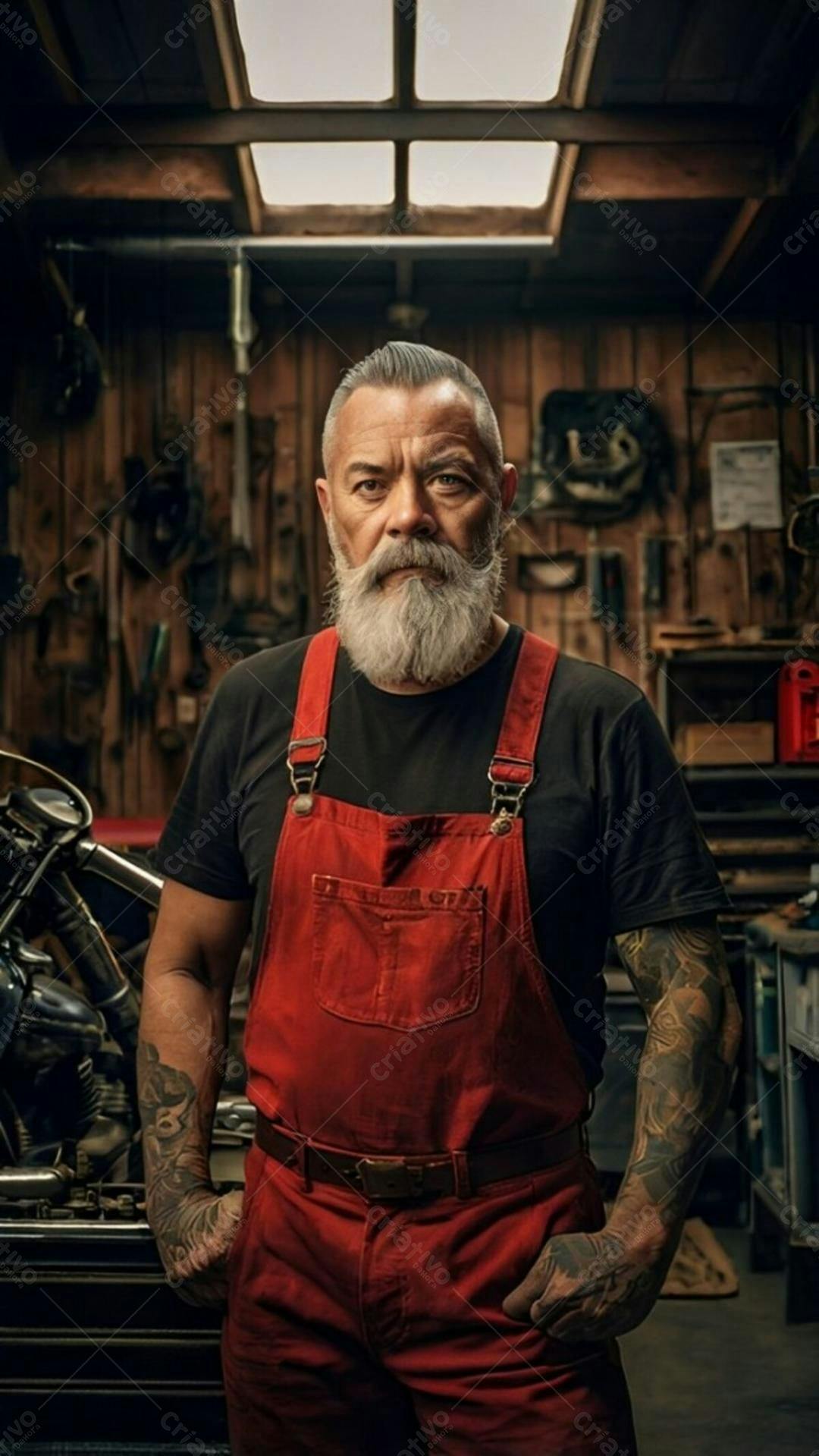 Mecânico com barba grisalha em oficina
