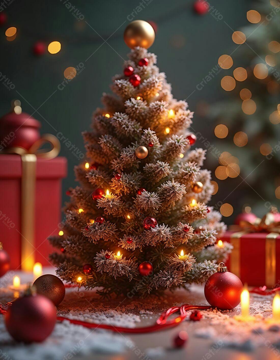 Árvore de Natal com luzes e enfeites vermelhos