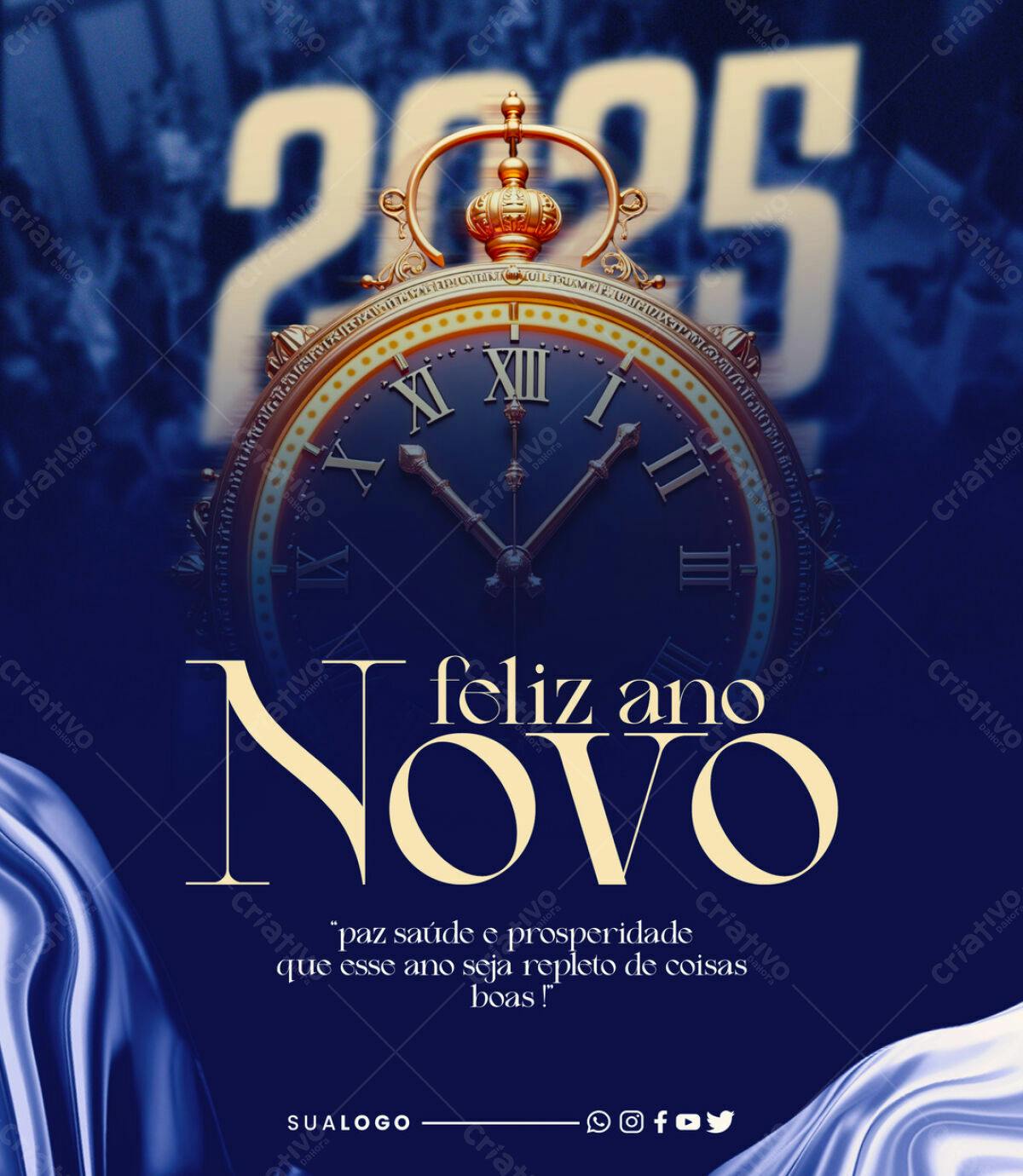 Flyer Ano Novo Relógio Dourado PSD Editável